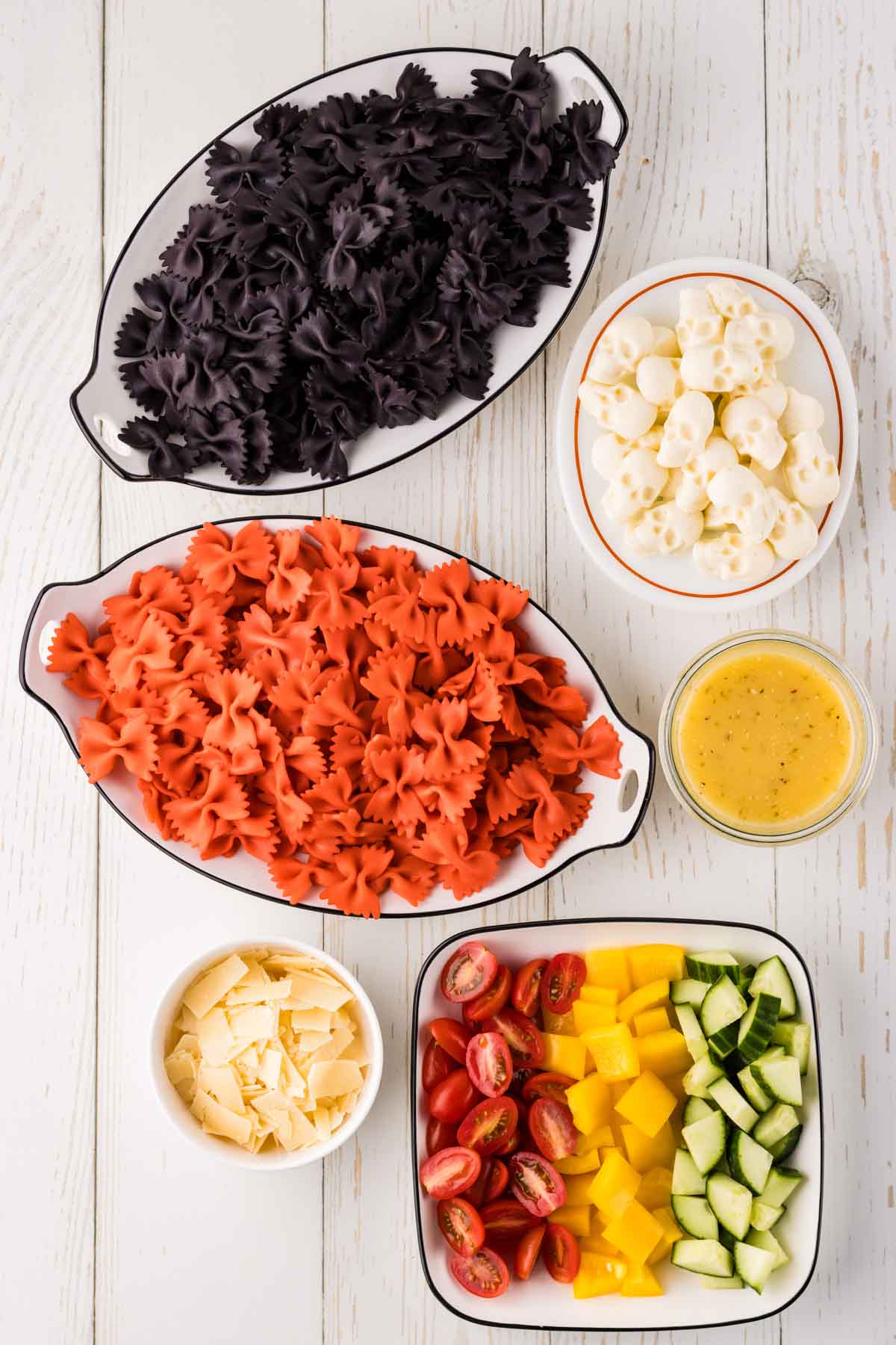 Ingredients needed to make a fall pasta salad that is Halloween themed. l