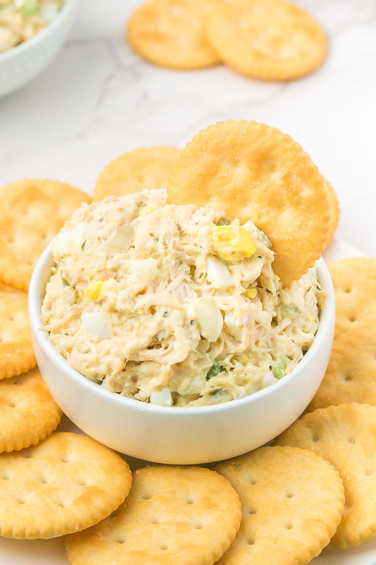 A cracker being dipped into the old fashioned chicken salad.