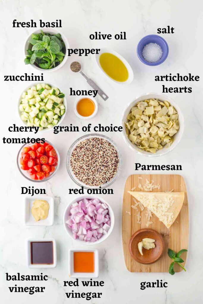 Ingredients needed to make a roasted vegetable salad. 