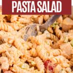 Pinterest pin for creamy buffalo chicken pasta salad.