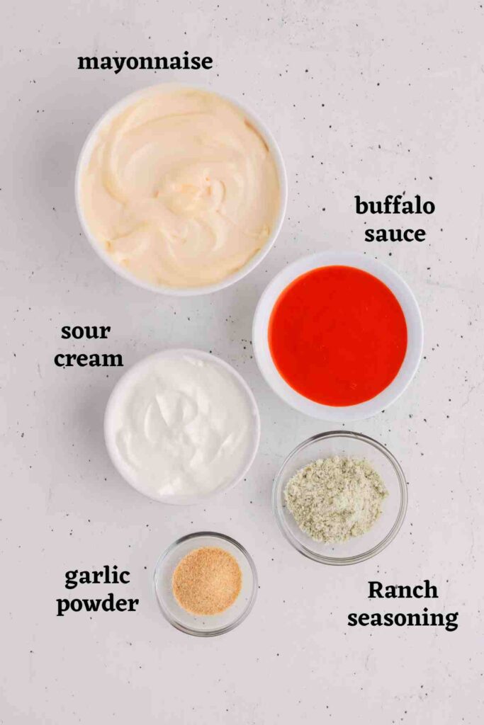 Ingredients needed to make the dressing for the buffalo chicken ranch pasta salad. 