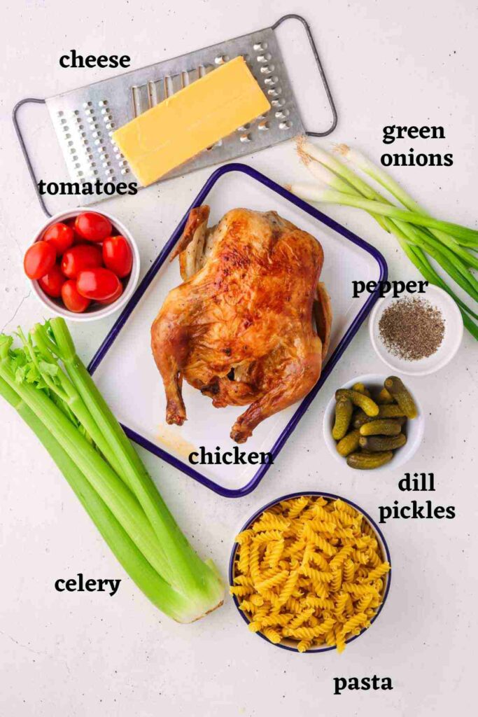 Ingredients needed to make a buffalo chicken pasta salad. 