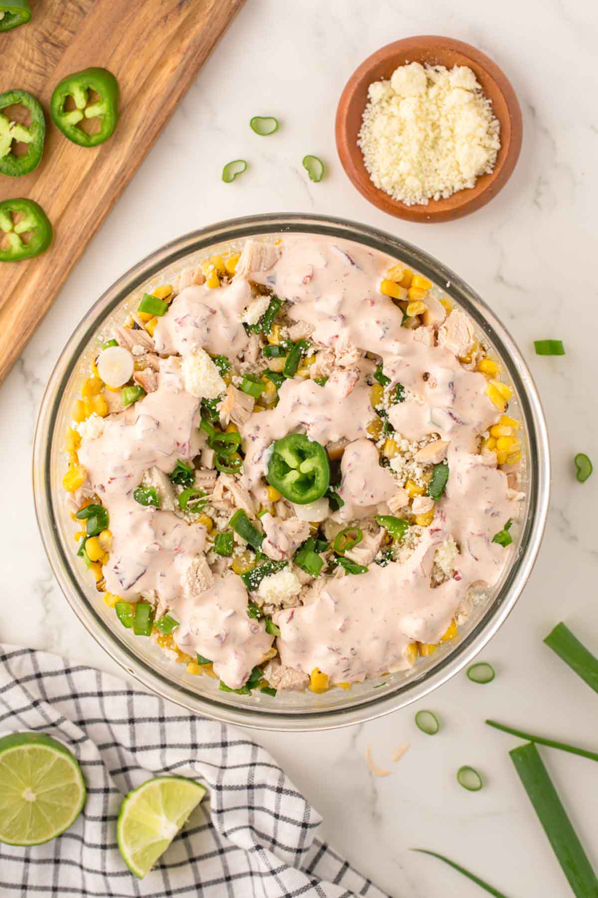 Street corn chicken salad drizzled with the dressing but not tossed. 