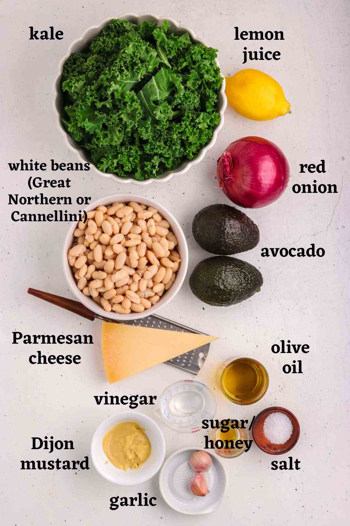 Ingredients needed to make kale and white bean salad with avocado.