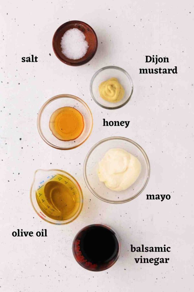 Ingredients to make a creamy balsamic dressing.