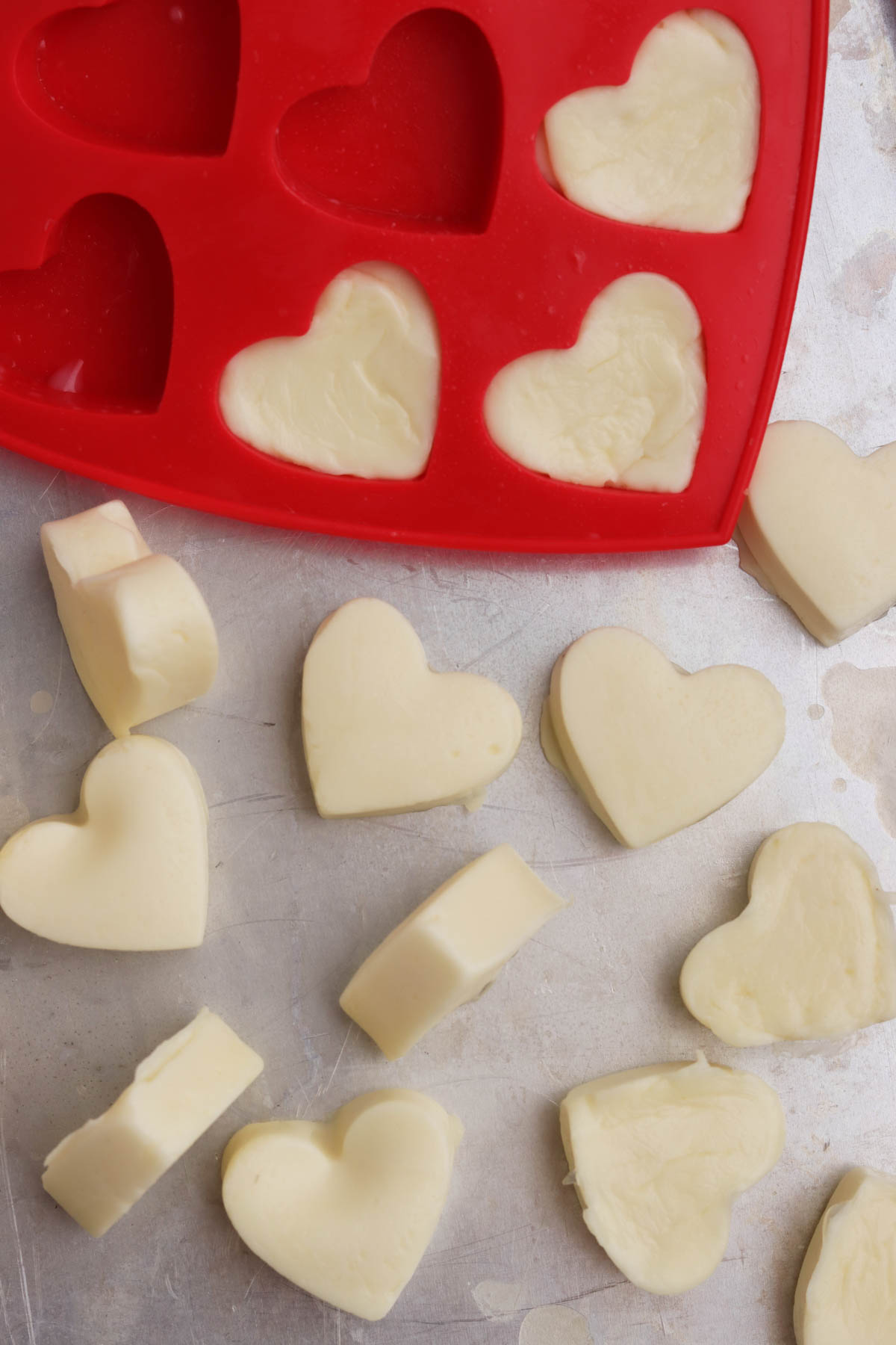 Mozzarella cheese hearts after they have been chilled and unmolded.