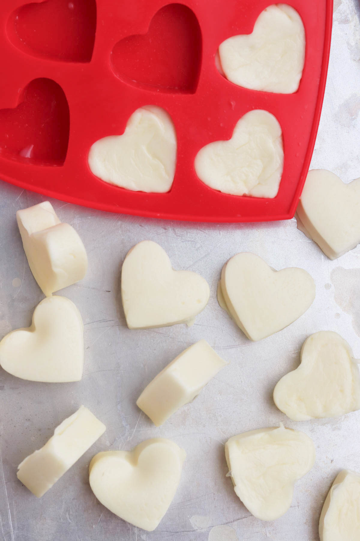 Mozzarella hearts in the red mold.
