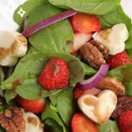 Pinterest pin for strawberry spinach salad with mozzarella hearts.